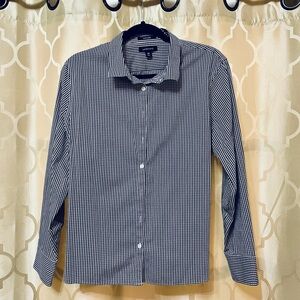 Lands' End Women's Navy and White Striped Button Down Shirt